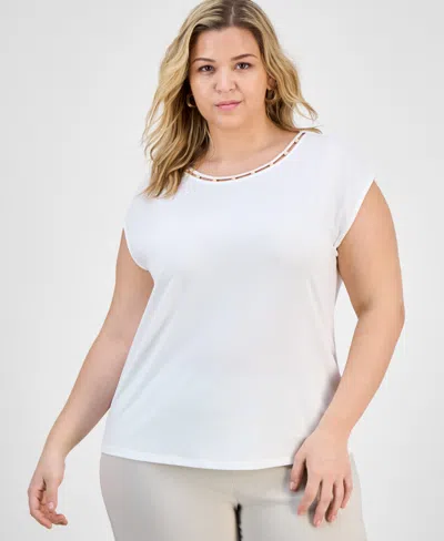 Kasper Plus Size Beaded-neck Cap-sleeve Knit Top