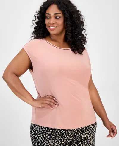 Kasper Plus Size Beaded-neckline Short-sleeve Top In Pink