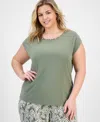 Kasper Plus Size Beaded-neckline Short-sleeve Top In Green