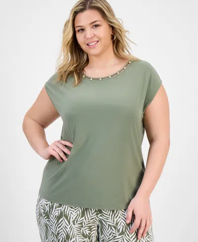 Kasper Plus Size Beaded-neckline Short-sleeve Top In Green