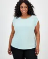 Kasper Plus Size Beaded-neckline Short-sleeve Top In Blue