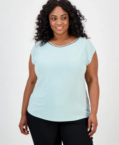 Kasper Plus Size Beaded-neckline Short-sleeve Top In Blue