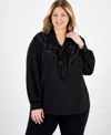 Kasper Plus Size Beaded Ruffle-neck Long-sleeve Blouse In Black