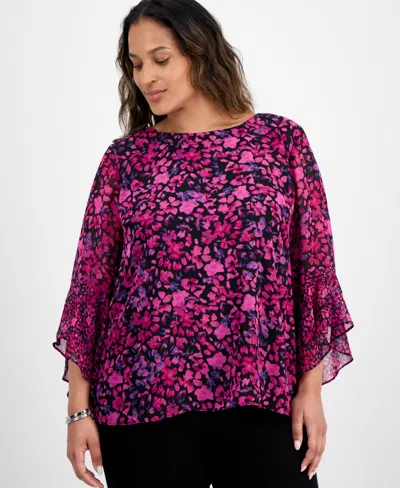 Kasper Plus Size Bell-sleeve Ditsy-print Top