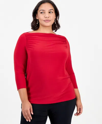 Kasper Plus Size Boat Neck 3/4-sleeve Ruched Blouse In Multi
