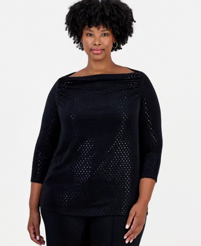 Kasper Plus Size Boat-neck Metallic-dot Shirred-front 3/4-sleeve Blouse In Black