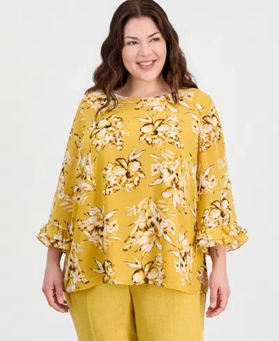 Kasper Plus Size Boat-neck Ruffled-cuff Top In Yellow