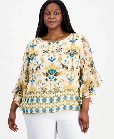 Kasper Plus Size Border-print Ruffle-sleeve Top In Neutral