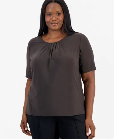 Kasper Plus Size Box-pleat Elbow-sleeve Blouse In Gray