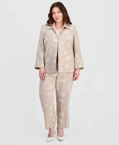 Kasper Plus Size Boxy Jacket Pull On Elastic Back Pants In Neutral
