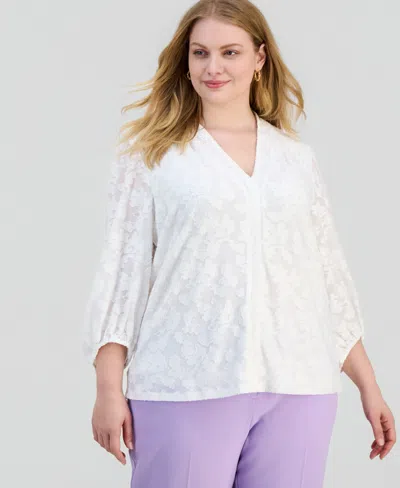 Kasper Plus Size Burnout Floral V-neck Blouse In White