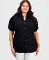 Kasper Plus Size Button-front Pleated-sleeve Top In Black