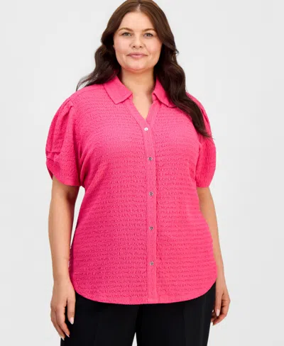 Kasper Plus Size Button-front Pleated-sleeve Top In Pink