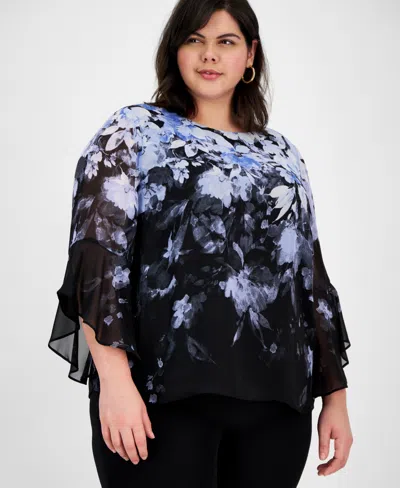 Kasper Plus Size Cascading Floral Ruffle-sleeve Blouse In Black Multi