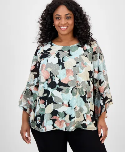 Kasper Plus Size Clip-dot Ruffle-sleeve Top