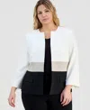 Kasper Plus Size Collarless Colorblocked Open-front Jacket In White