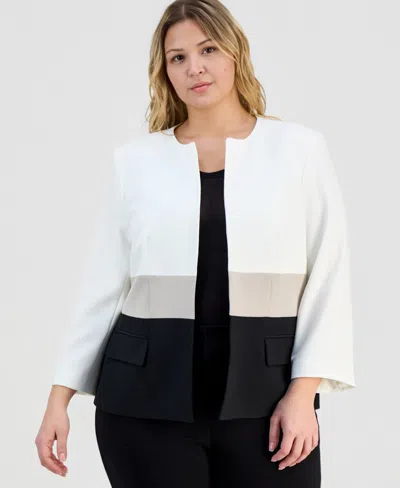 Kasper Plus Size Collarless Colorblocked Open-front Jacket In White