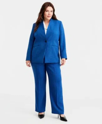 Kasper Plus Size Collarless One Button Blazer L Pocket Straight Pants In Blue