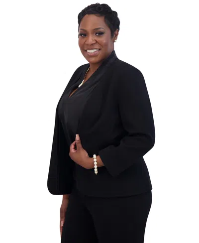 Kasper Plus Size Collarless Open-front Cardigan Jacket In Black
