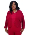 Kasper Plus Size Collarless Open-front Cardigan Jacket In Crimson