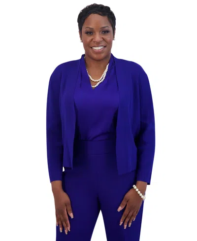 Kasper Plus Size Collarless Open-front Cardigan Jacket In Royal