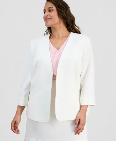 Kasper Plus Size Collarless Open Front Stretch Crepe Jacket V Neck Cascade Ruffle Front Blouse Pleat Trim S In White