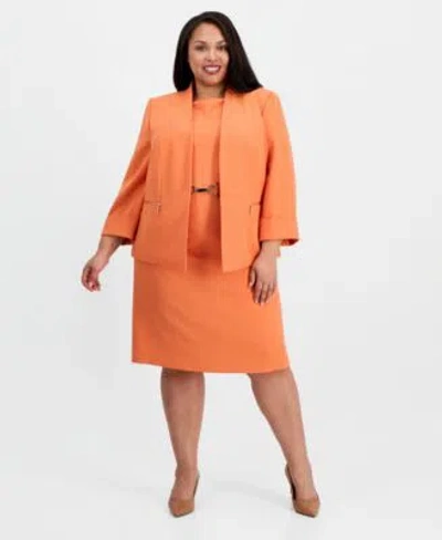 Kasper Plus Size Collarless Open Front Zip Pocket Jacket Boat Neck Sleeveless Sheath Crepe Dress In Orange
