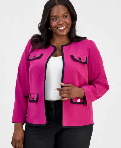 Kasper Plus Size Collarless Open-front Framed Jacket In Pink