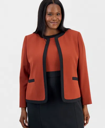 Kasper Plus Size Colorblock Open-front Collarless Jacket In Sepia Spice,black