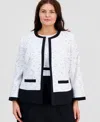 Kasper Plus Size Colorblocked Open Front Cardigan Sleeveless Mixed Media Sheath Dress In White