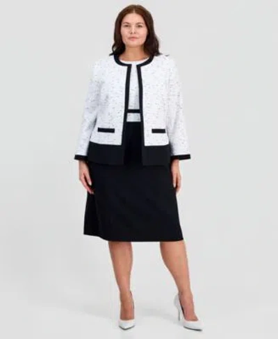 Kasper Plus Size Colorblocked Open Front Cardigan Sleeveless Mixed Media Sheath Dress In White