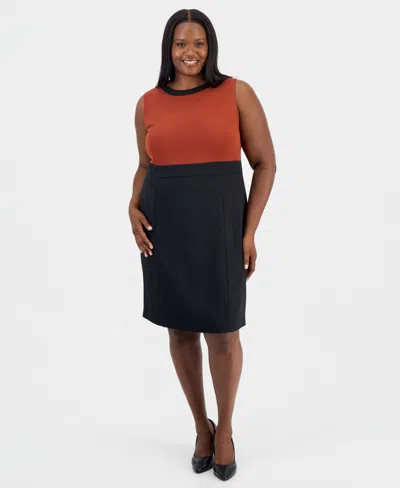 Kasper Plus Size Contrast Bodice Sheath Sleeveless Dress In Sepia Spice,black