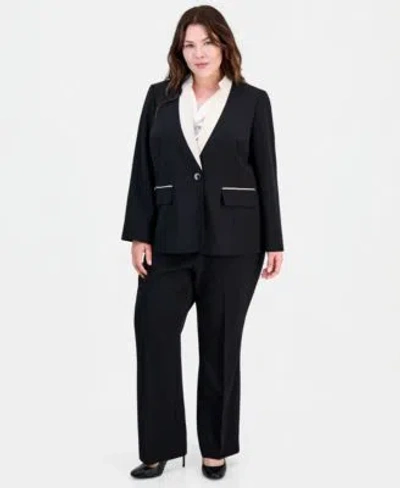 Kasper Plus Size Contrast Collar One Button Blazer High Rise Bootcut Pants In Black,parchment