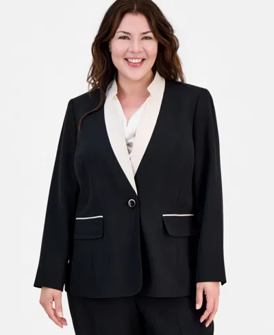 Kasper Plus Size Contrast Collar One-button Blazer In Black