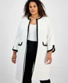 Kasper Plus Size Contrast Trim Long Topper Jacket In Vanilla Ice,black