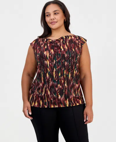 Kasper Plus Size Cowl Neck Cap Sleeve Draped Front Blouse In Sepia Spice Multi