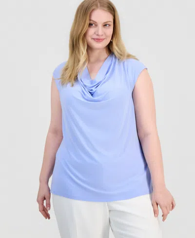 Kasper Plus Size Cowl-neck Cap-sleeve Top In Blue