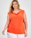 Kasper Plus Size Cowlneck Cap-sleeve Top In Orange