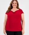 Kasper Plus Size Cowlneck Cap-sleeve Top In Red