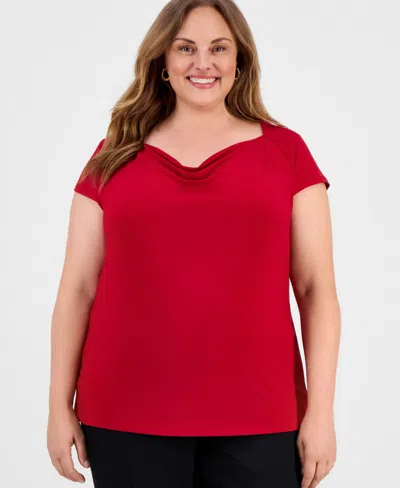 Kasper Plus Size Cowlneck Cap-sleeve Top In Red