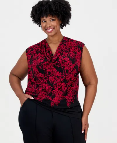 Kasper Plus Size Cowl-neck Cap-sleeve Floral Blouse In Black