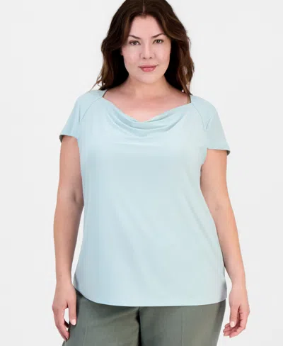 Kasper Plus Size Cowlneck Cap-sleeve Top In Blue