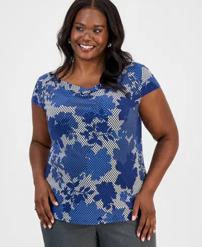 Kasper Plus Size Cowlneck Cap-sleeve Top In Blue