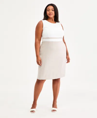 Kasper Plus Size Crewneck Sleeveless Colorblocked Sheath Dress In White