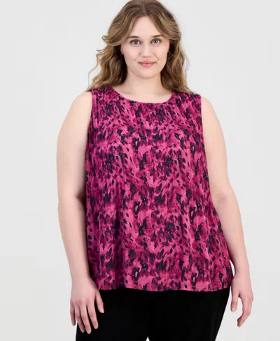 Kasper Plus Size Crewneck Sleeveless Pleated Blouse In Multi