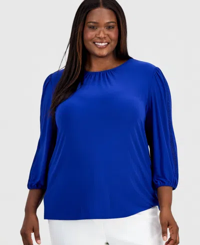Kasper Plus Size Crochet-trim 3/4-sleeve Top In Blue