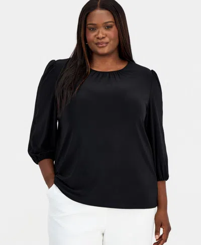 Kasper Plus Size Crochet-trim 3/4-sleeve Top In Black