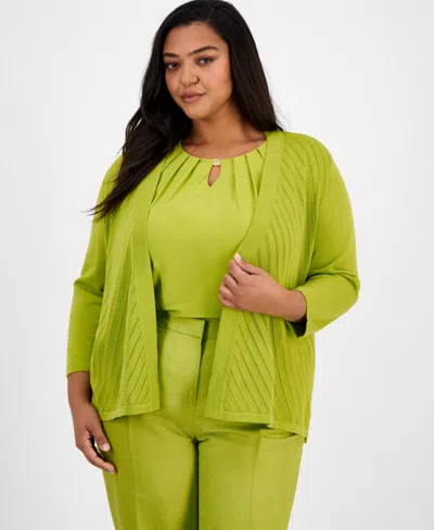 Kasper Plus Size Diagonal Stitch Open-front Cardigan In Kiwi