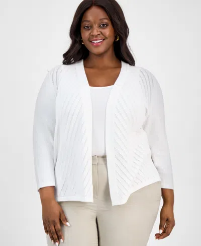 Kasper Plus Size Diagonal Stitch Open-front Cardigan In Lily White