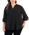 Kasper Plus Size Dot-print Flutter-sleeve Blouse In Black,vanilla Ice